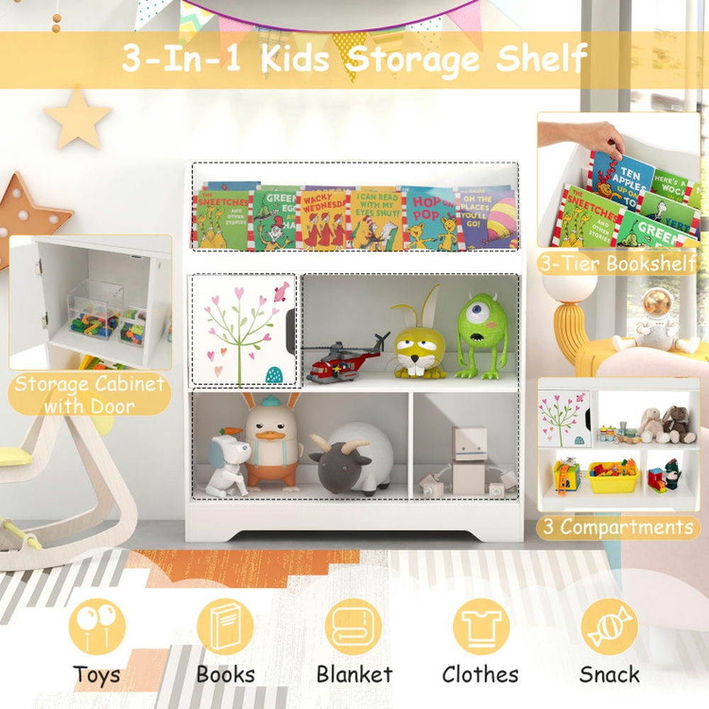 Barara King Kids Storage Unit Bookshelf,Toy Storage Organizer,Kids Toy Storage Organizer with Book Shelf and Storage Cabinet-White