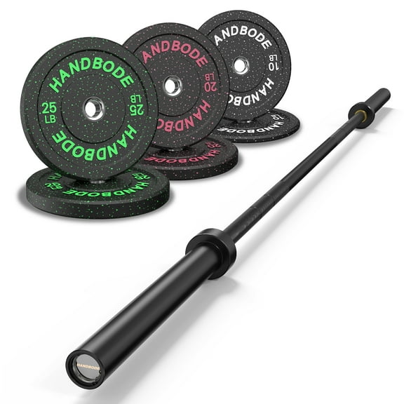 HANDBODE Bumper Plates High-Bounce Olympic Weight Plates, Colored crumb rubber plate for Weight Lifting and Strength Training 110LB with 45 lb (20 kg) Black Barbell