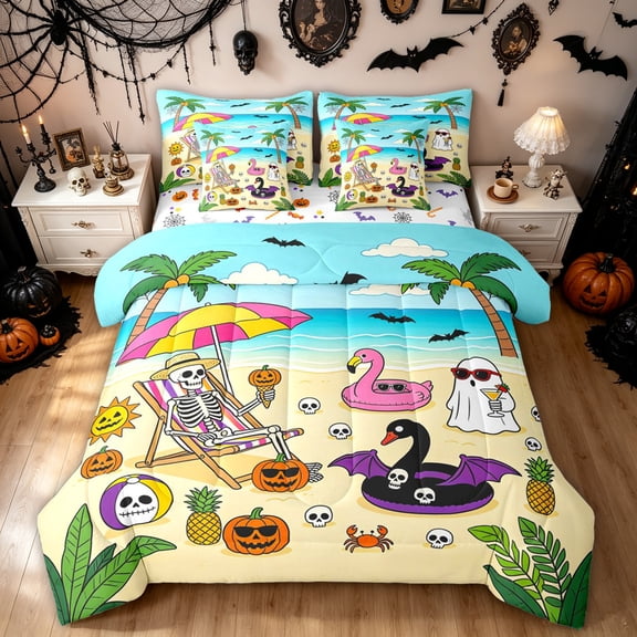 Feelyou Cartoon Skeleton Twin Bedding, Summer Beach Flamingo Bedding Comforter Set, Blue Yellow, Halloween Reversible, 7pcs
