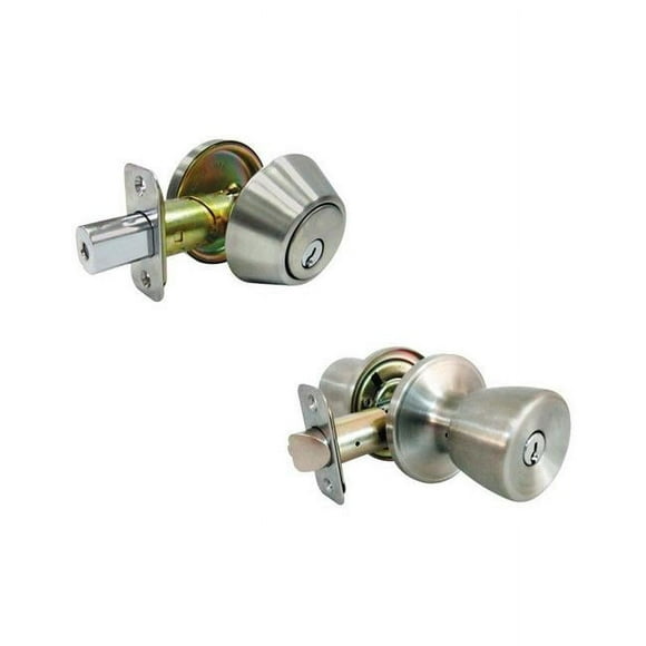 Faultless 5002057 Tulip Satin Stainless Steel Metal Entry Knob & Single Cylinder Deadbolt - 3 Grade Right Handed