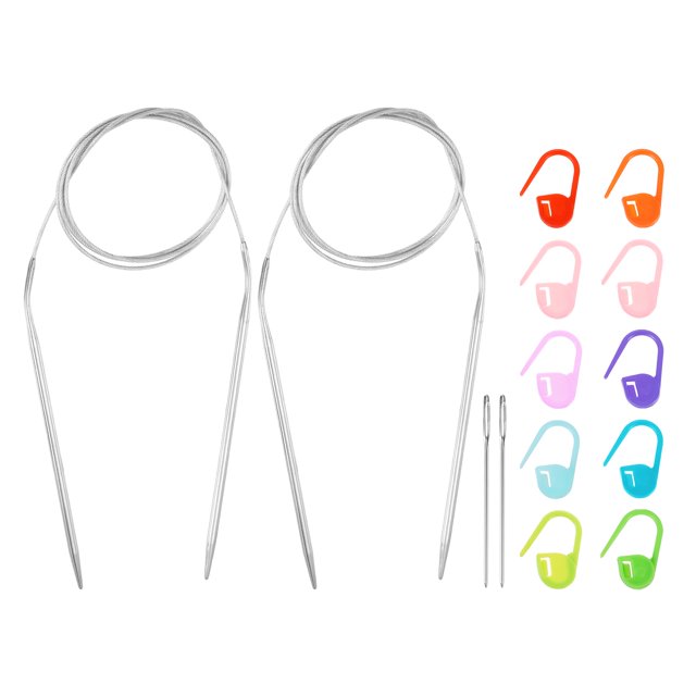 Uxcell 2pcs knitting needles size US 6 (4mm) circular needle with a 47-inch (120cm) length, made of stainless steel with a polished, rust-proof surface. Includes 10 colourful stitch markers and 2 sewing needles. Ideal for handmade projects like scarves, socks, and sweaters.