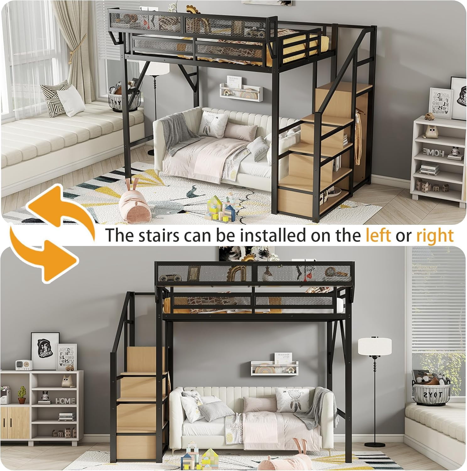 Mirightone Queen Heavy Duty Metal Loft Bed with Stairs, 800 lb Capacity, Storage Shelves and Wardrobe, Black