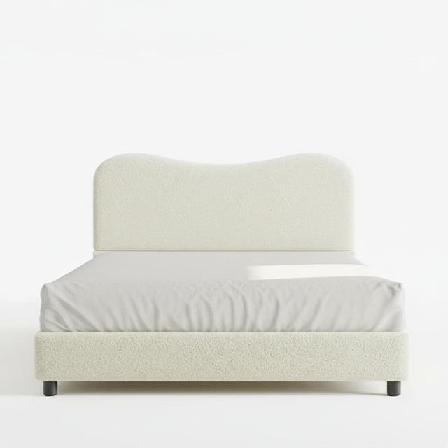 Full Size Boucle Upholstered Platform Bed - Soft Headboard, Low Profile, Heavy Duty Wooden Slats, Rounded Corners, Noise-Free, Easy Assembly - Off-Color, Full