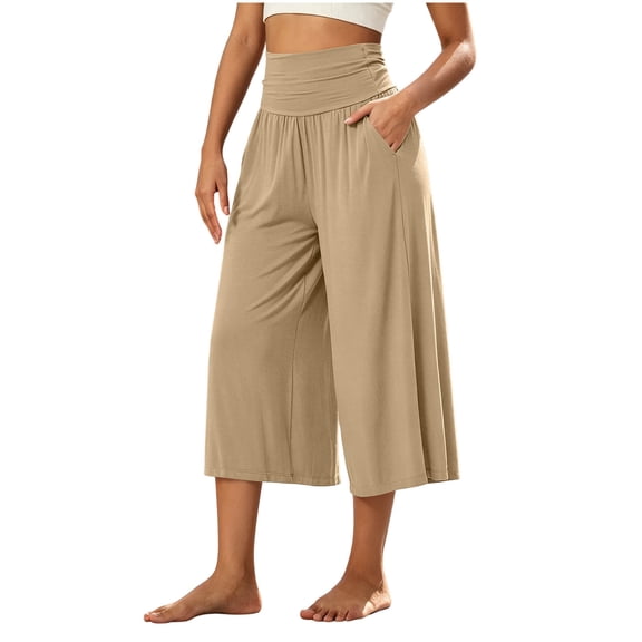 Vivianyo HD Women's Fold Over Waist Knit Loungewear Culotte Pants, Casual Elastic High Waist Cropped Wide Leg Capris with Side Pockets for Women, Women's Beige, Sizes S-2XL