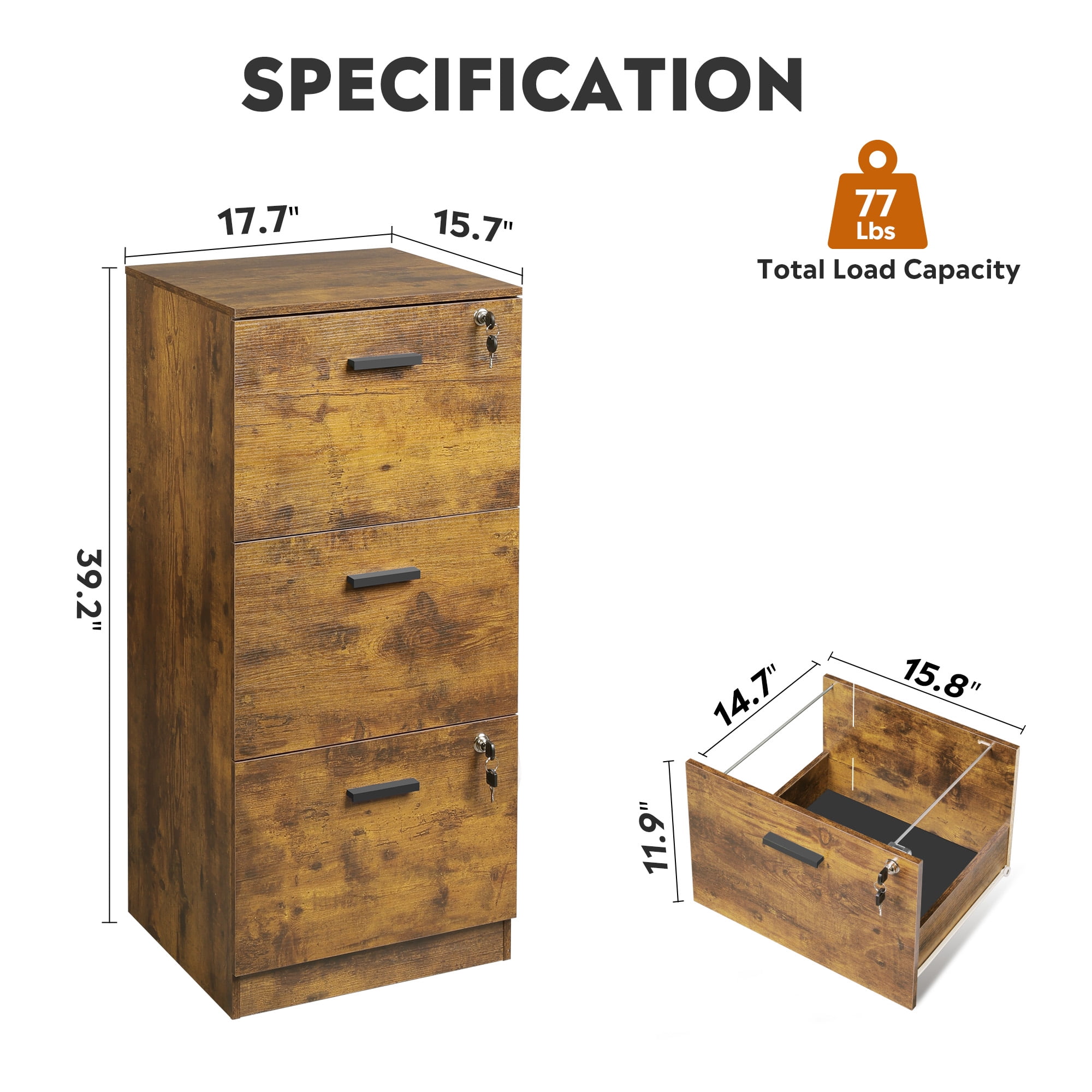 GALAXHERO 3 Drawers File Cabinets, Wood Vertical Filing Cabinet with Lock for Home Office, Letter/A4 Size, Rustic Brown