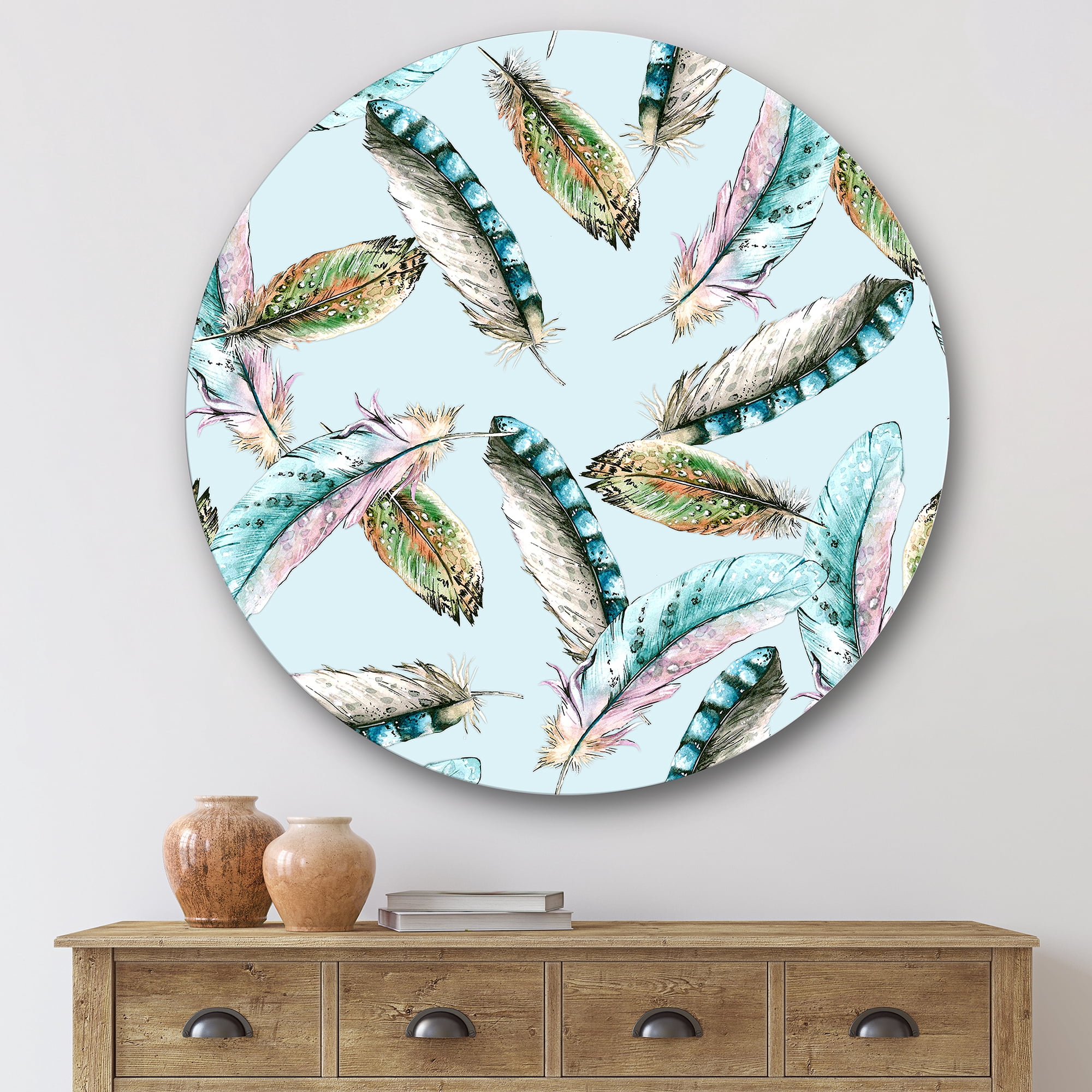 Designart 'Green Bird Feathers On Blue Background' Bohemian & Eclectic Circle Metal Wall Art 36x36 - Disc of 36