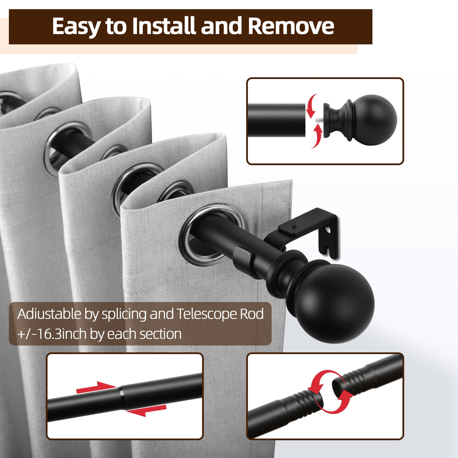 1" Adjustable Curtain Rod, 32"-120" Heavy Duty Black Curtain Rod with Classic Ball Finials,Ceiling Mounted Indoor/Outdoor Curtain Rods