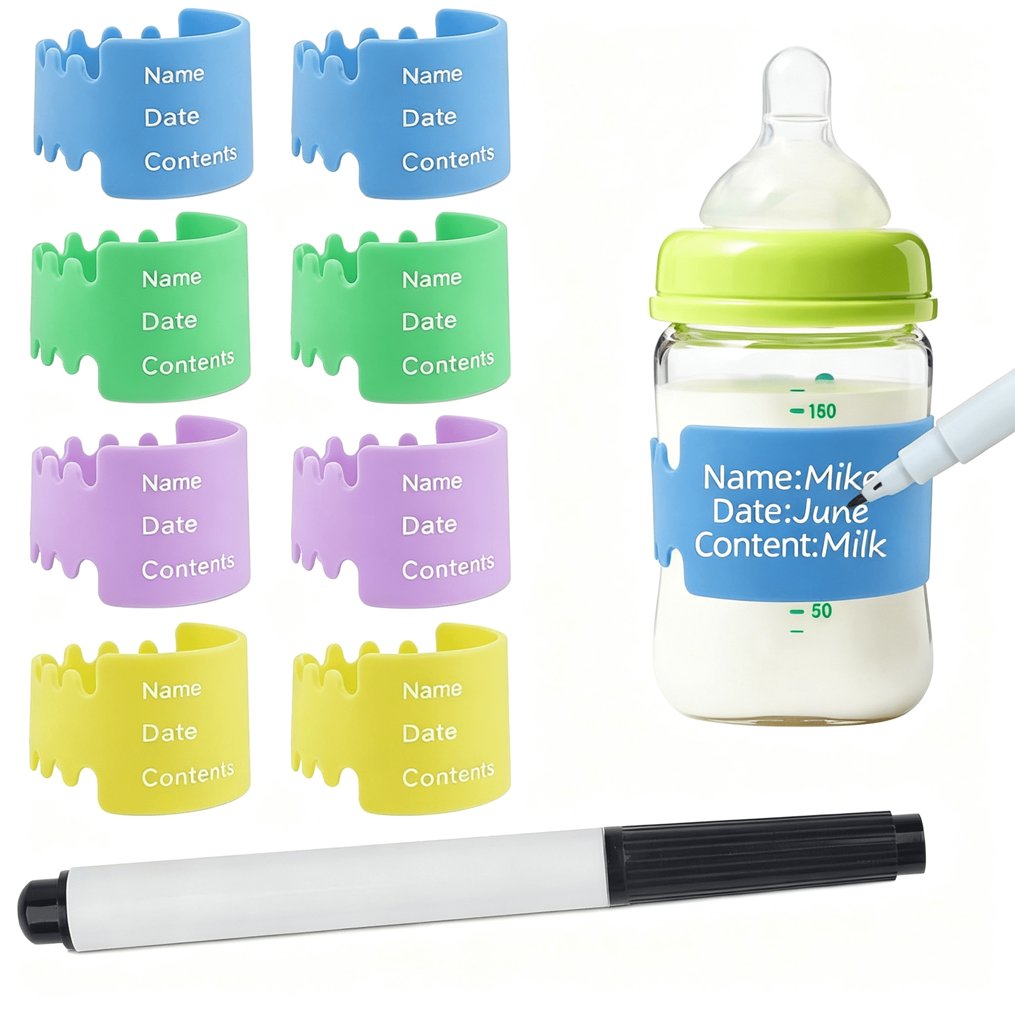 ACDANC 8Pcs Silicone Baby Bottle Labels for Daycare Writable Bottles Label 4 Colors,Reusable Bottle Bands for Daycares for Write Name/Date Labels for Baby Bottles Name Bands Anti-Slip