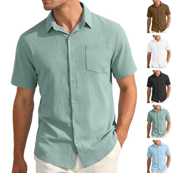 Men's Solid Color Short Sleeve Lapel Button Cardigan Shirt Top Casual Daily Business Casual Loose Fit Lightweight Breathable Modern Fashion Essential | AESTIVO,Black L