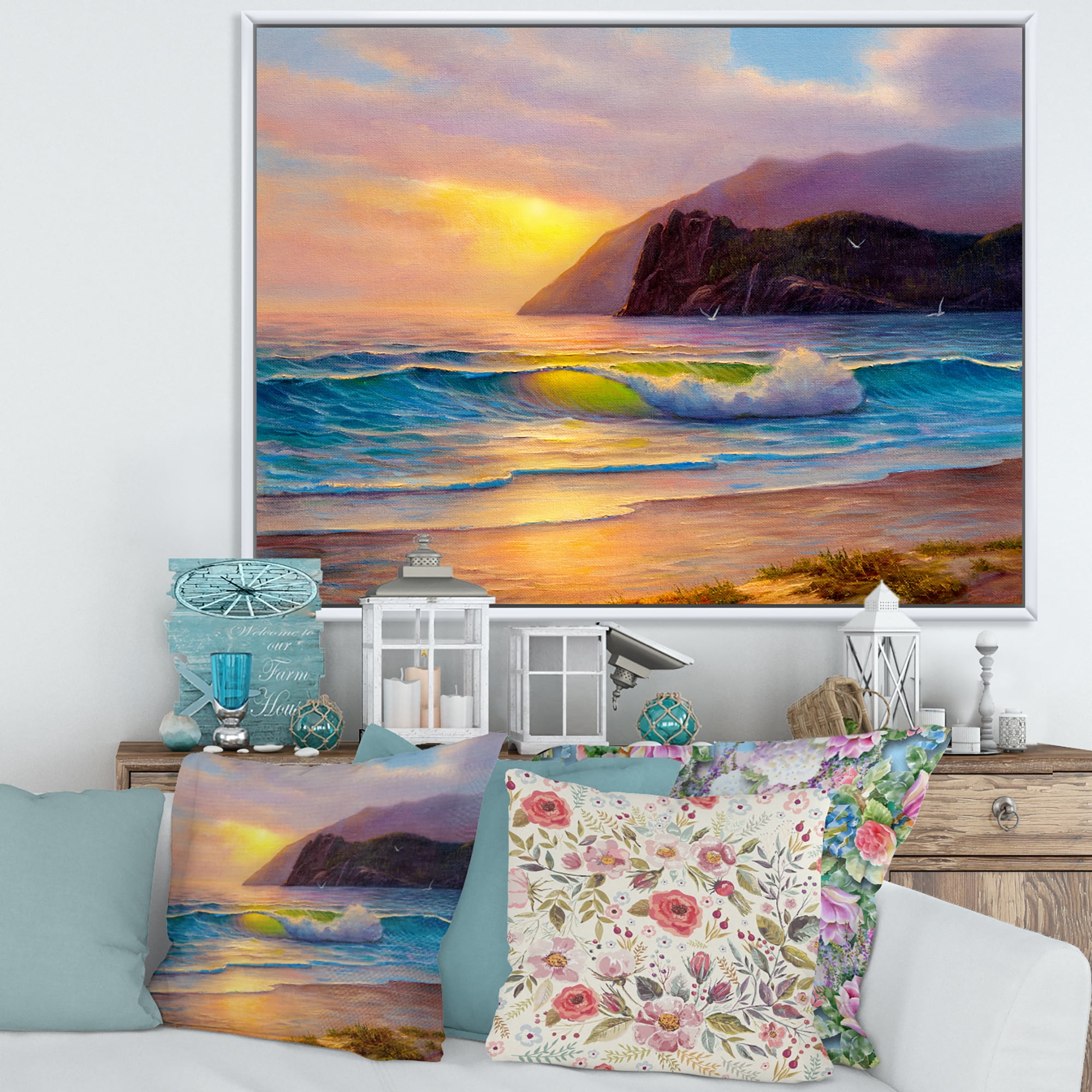 Designart 'Sunrise Glow On The Sea Waves V' Nautical & Coastal Framed Canvas Wall Art Print