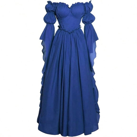 LEKWK Renaissance Dress Women Medieval Costume Off Shoulder Puff Sleeve Maxi Dress Classic Peasant Gown for Halloween Cosplay Themed Party