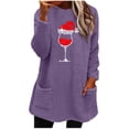 thumbnail image 1 of Pisexur Fuzzy Chandails de Noël pour Femmes Doublés en Molleton à Manches Longues à Col Rond Chandail d'Hiver Chaud Imprimé Verres de Vin Rouge Chandail de Noël à Enfiler Hauts avec Poches, 1 of 4