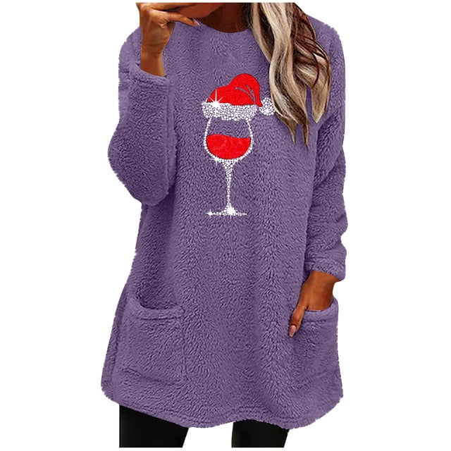 Pisexur Fuzzy Chandails de Noël pour Femmes Doublés en Molleton à Manches Longues à Col Rond Chandail d'Hiver Chaud Imprimé Verres de Vin Rouge Chandail de Noël à Enfiler Hauts avec Poches
