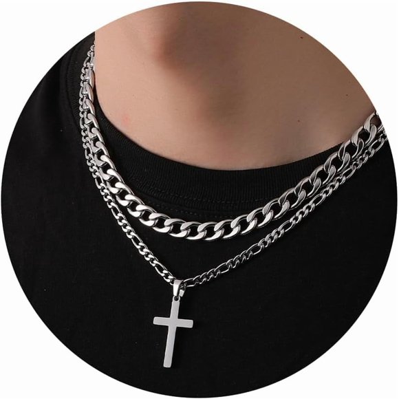 Cross Necklace for Men Boys, Stainless Steel Layered Cross Pendant Cuban/Figaro Chains Christmas Jewelry Gifts