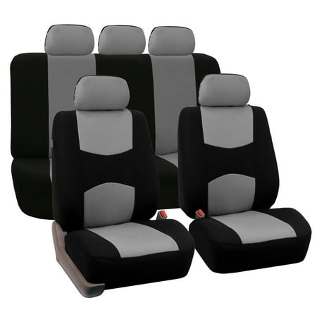 FH Group Universal Flat Cloth Fabric Car Seat Cover, 5 Headrests Full Set, Gray and Black