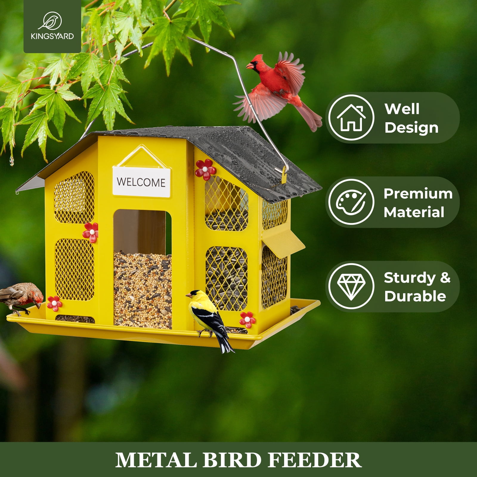 Kingsyard Metal Wild Bird Feeder House for Outdoor Hanging with Triple Feeders, Weatherproof, Yellow