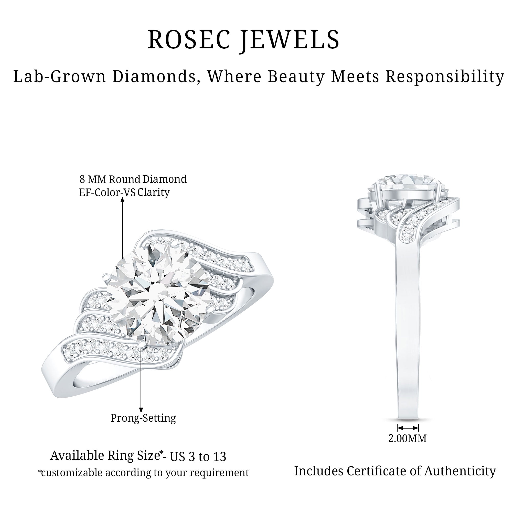 Rosec Jewels Lab Created Diamond Engagement Ring 2 Carat (EF-VS Certified) - Designer Ring for Women, 14K White Gold, US 6.00