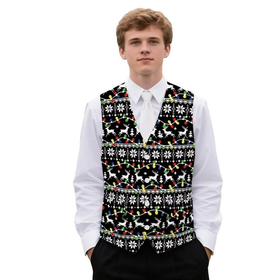 Yuyamidu Reindeer Men's Suit Vest Christmas Formal Dress Waistcoat Colorful Lights Casual Business Vests for Suit or Tuxedo with Adjustable Back Strap, Size 3XL