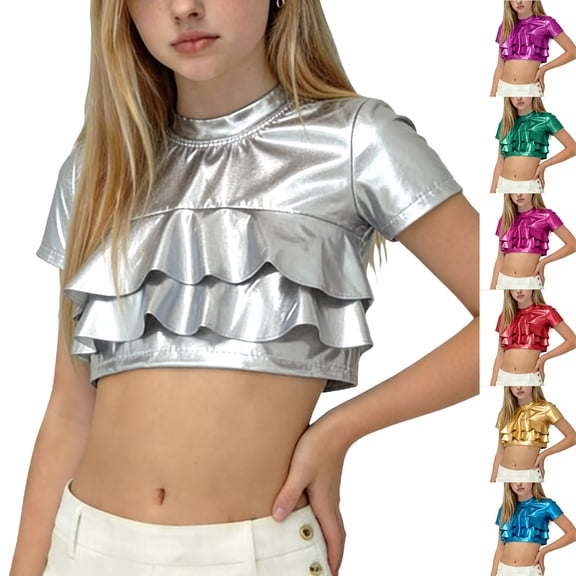 Short Sleeve T Shirts For Girls Crew Neck Ruffled Cropped Pullover Tops Holiday Party Stylish Outfits (160, Silver)