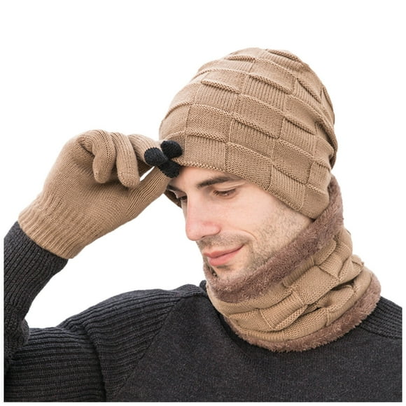 Clearance! Baberdicy Men's Winter Knitted Fleece Windproof Hat Scarf Gloves Three-Piece Winter Knitted Hat Men's Warm Hat Khaki