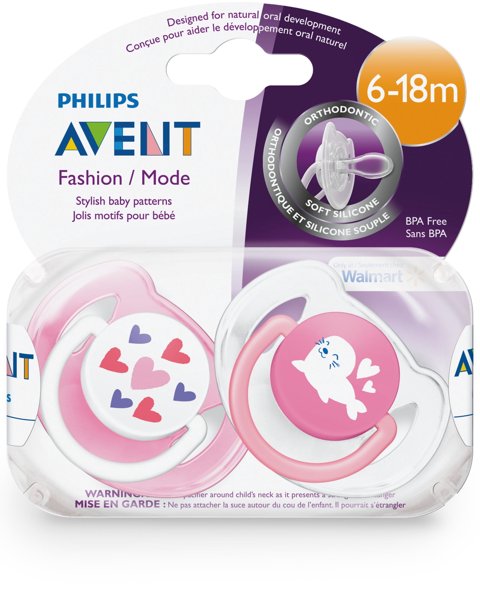 Philips Avent Classic Pacifier, 6-18 Months, Pink Hearts and Seal, 2 Pack, SCF197/07