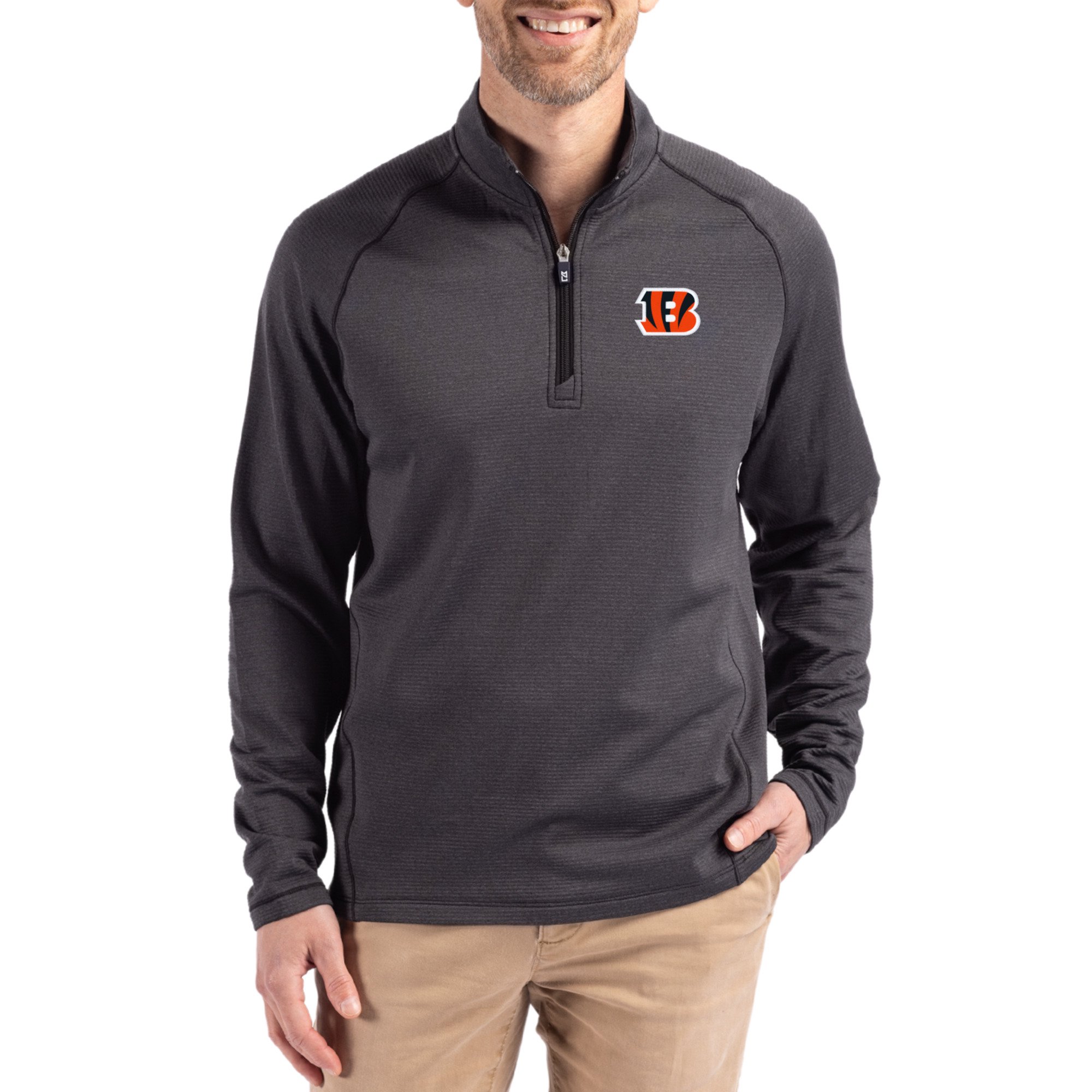 Men's Cutter & Buck Heather Black Cincinnati Bengals Peshastin Eco Fleece Tri-Blend Raglan Recycled Quarter-Zip Jacket