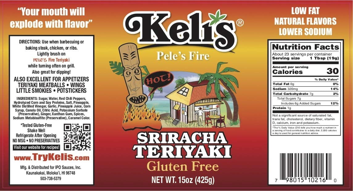 Keli’s Pele s Fire Sriracha Teriyaki, Hot and Spicy Teriyaki Marinade with a hint of Sriracha and Pineapple. Flavorful Teriyaki Wing Sauce - Made With Gluten Free Soy Sauce- 15 oz (Pack of 2)