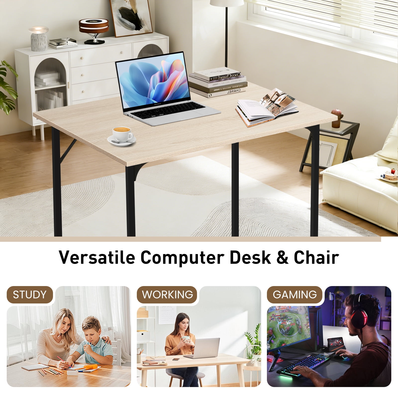 Dkelincs 32 inch Computer Desk and Chair Set Home Office Modern Wood Study Desk & Mesh Ergonomic Height Adjustable Office Chair for Small Spaces, Nature & Black