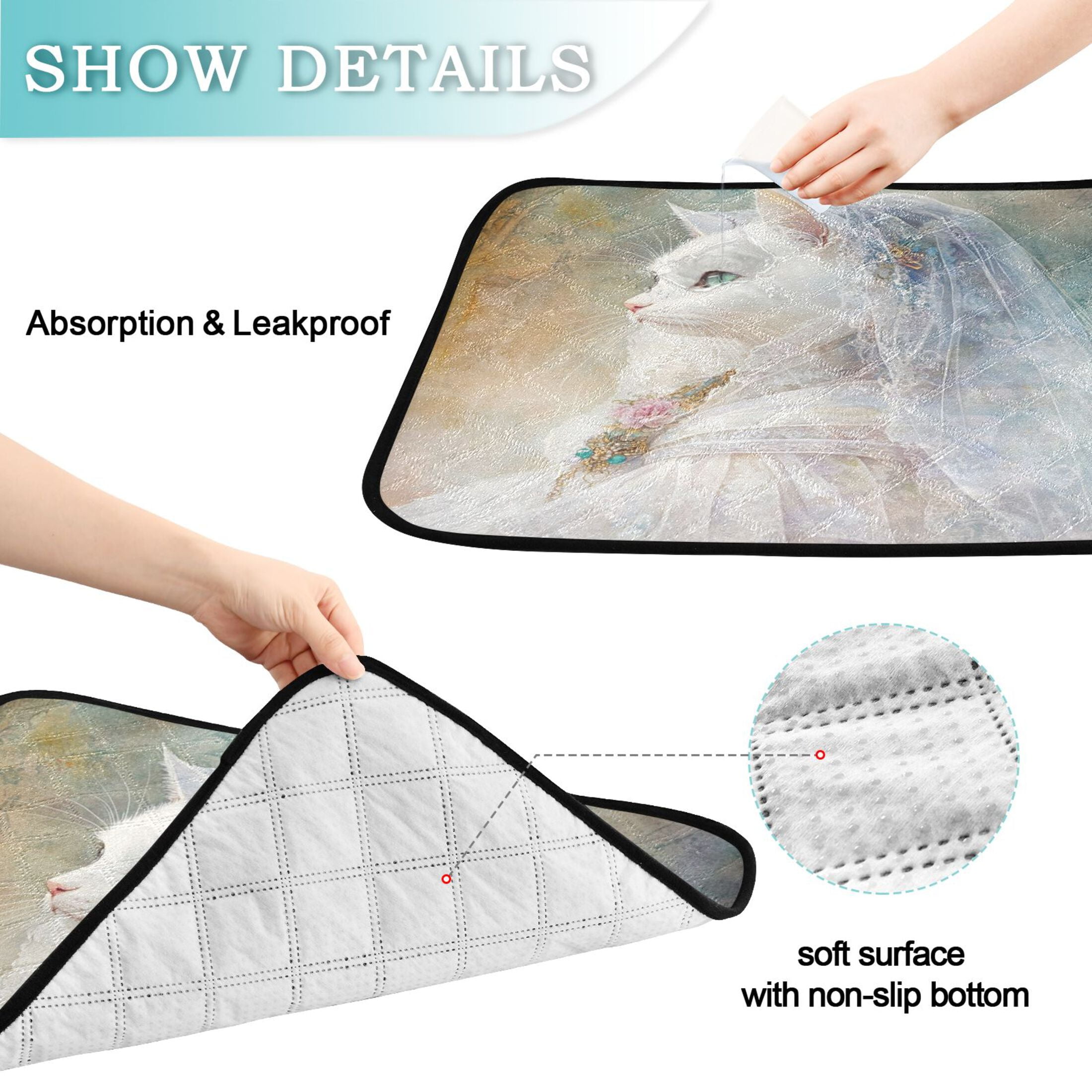 Qxltty Wedding White Cat Cat litter Pads Pet Set of 2 Diaper Mats Center Anti-leakage Layer Absorbent Soft and Comfortable