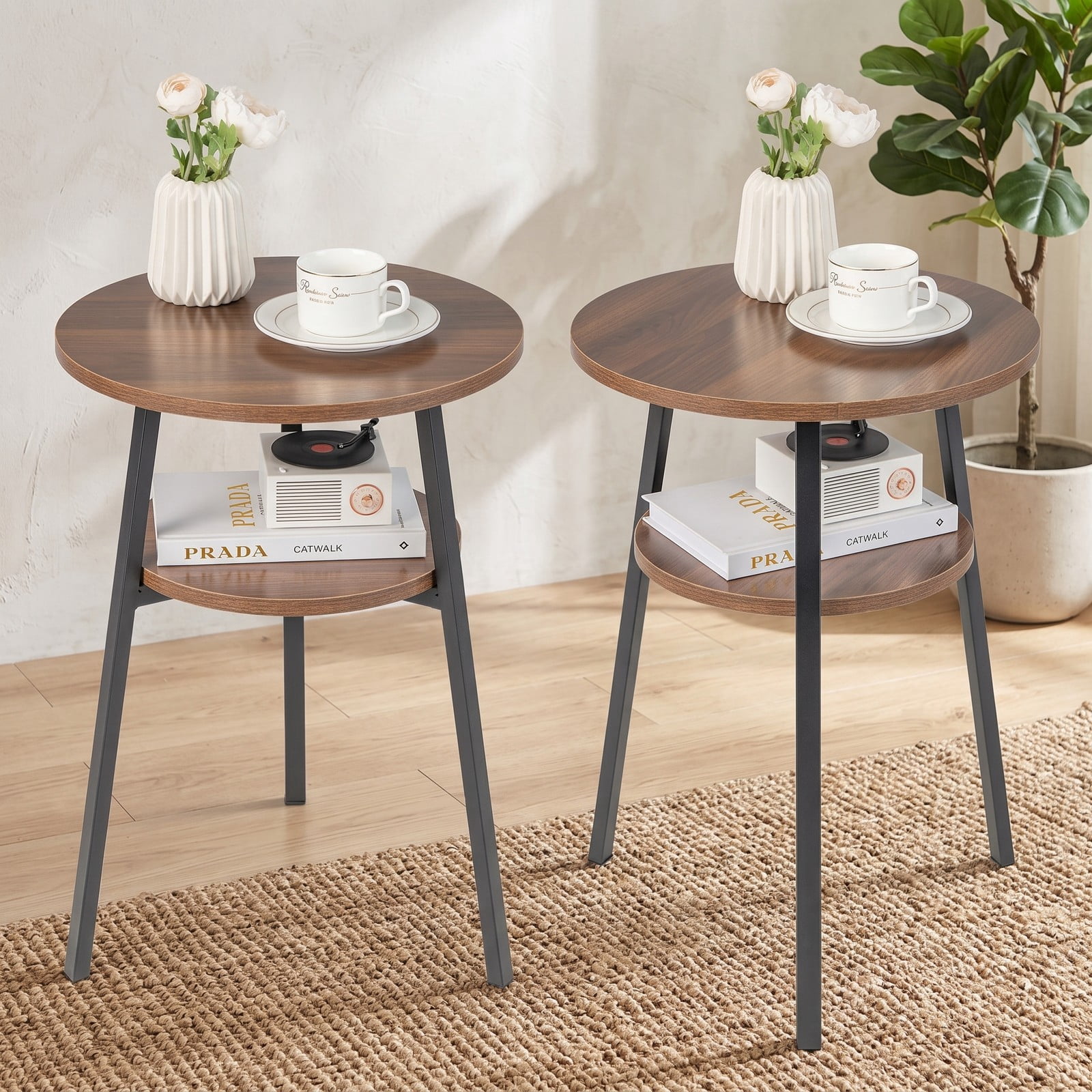 Furnibear 2-Tier Round End Table Set of 2, Nightstand Side Table with Open Storage Shelf and Triangular Metal Frame for Living Room Bedroom Hallway, Walnut