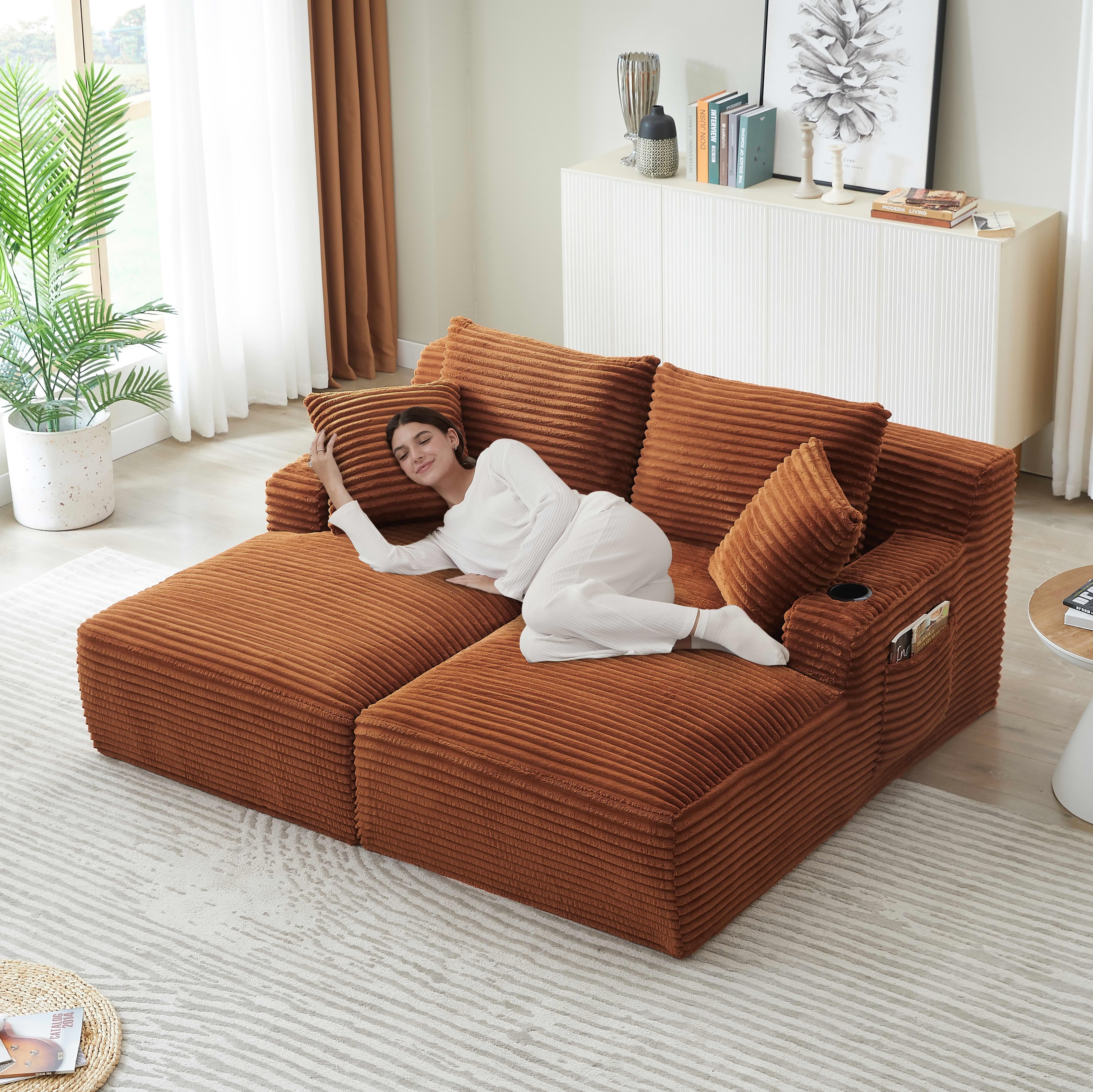 MAYEERTY Corduroy Double Chaise Lounge Loveseat, Fluffy Sleeper with Cupholders for Apartments, Orange