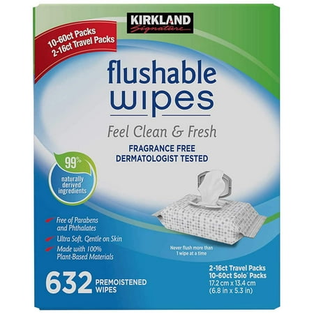 Kirkland Signature Moist Flushable Enhanced Cleansing & Freshness Ultra Soft Hypoallergenic Plant-Based Wipes - 632 Count