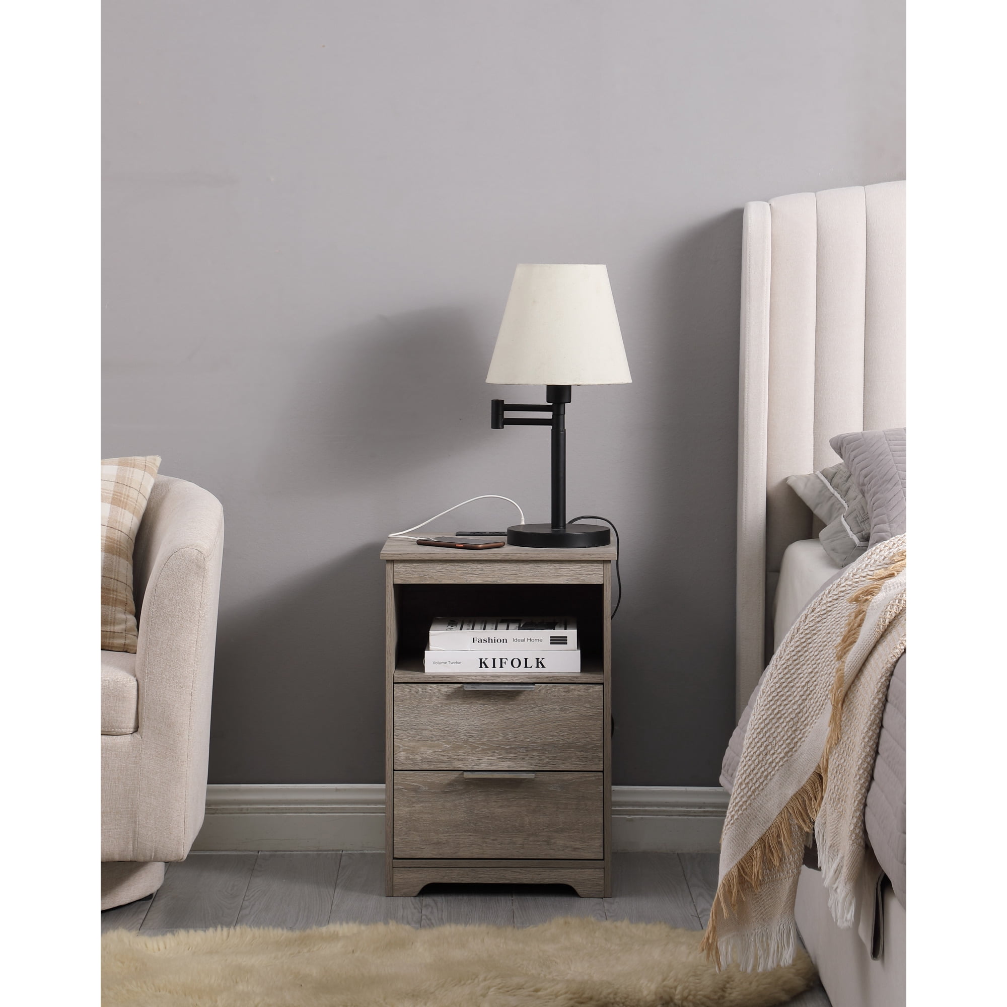 2 Drawer Small Nightstand with Charging Station,Wooden End Table with Drawer and Opening Shelf,Side Table for Bedroom Living Room Dorm Office,Gray