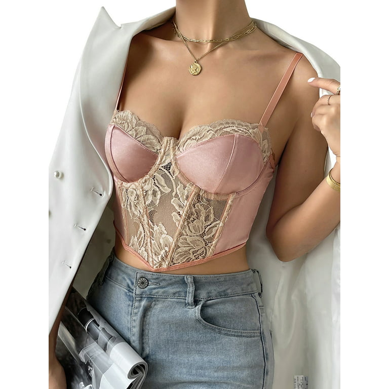 Womens Lace Bra Strapless Satin Corset Top Crop Bustier Top Sheer Casual  Blouse Tops Mini Bustier 