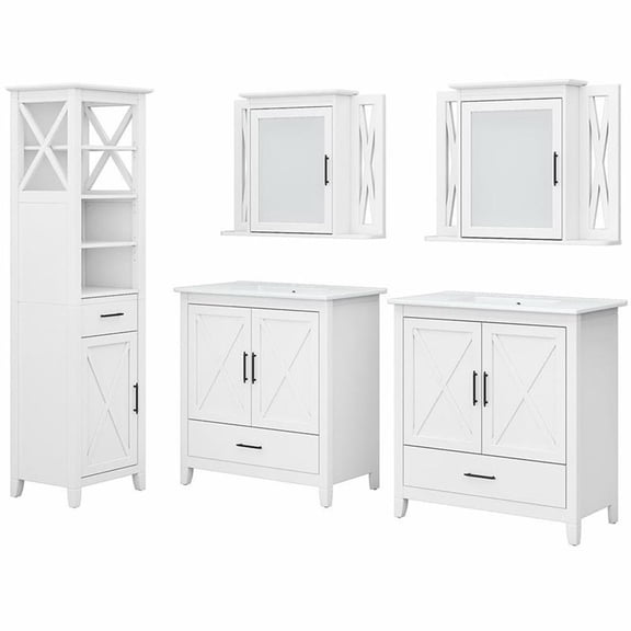 Pemberly Row Engineered Wood Double Vanity Set with Linen in White Ash
