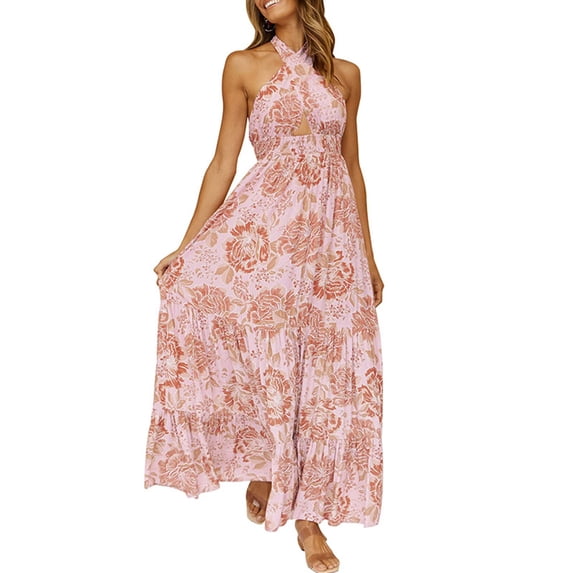 KelaJuan Women's Tie-Up Halter Dress, Flower Print Hollow-Out Sleeveless Backless Ruffle Hem Long Dress
