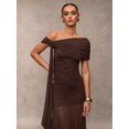 thumbnail image 6 of Coffee Brown One-Shoulder Ruched Maxi Evening Gown Formal Dress, 6 of 30