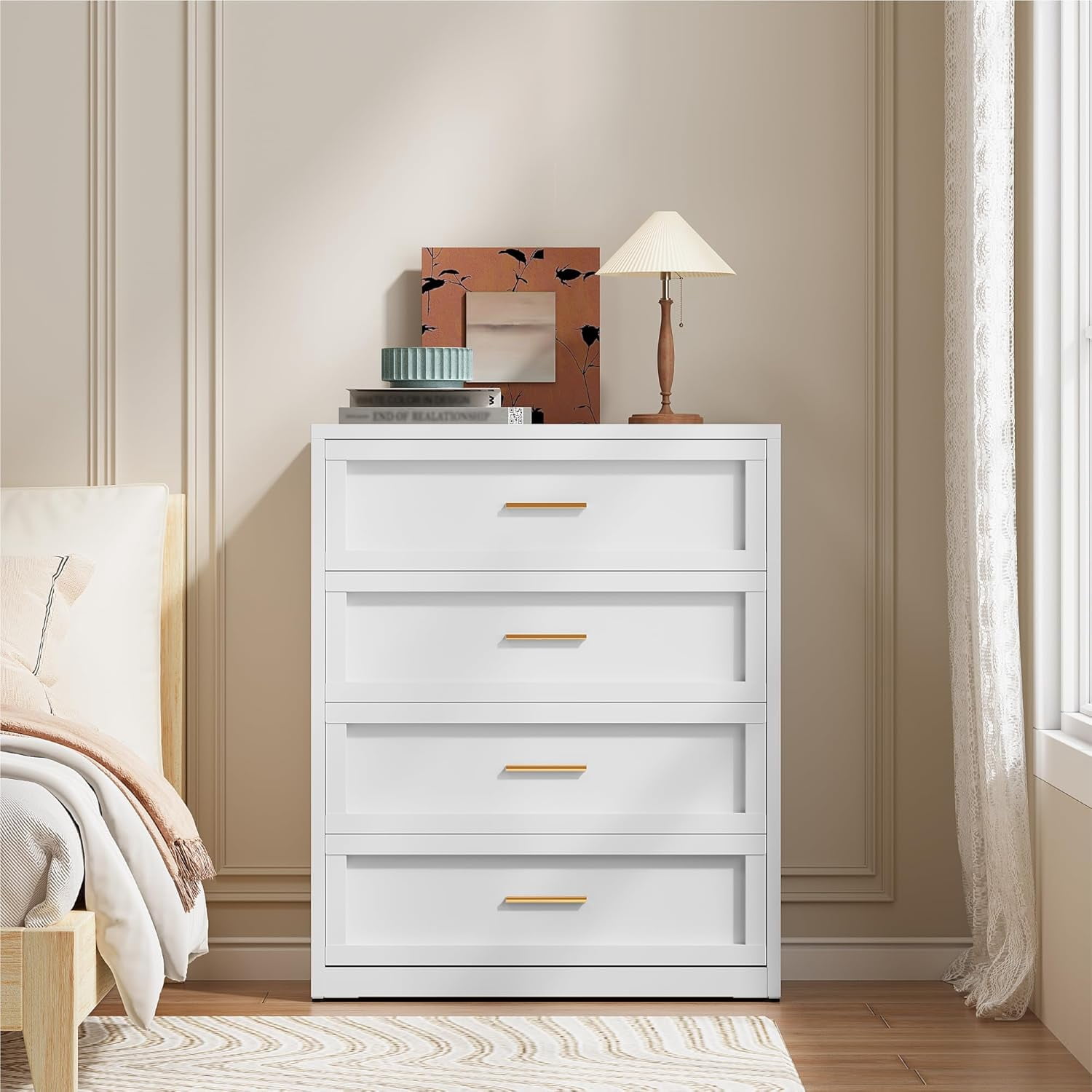 Elegant Metal 4-Drawer Dresser for Bedroom, Clothes Storaeg Drawer Chest for Closet, Farmhouse Dressers & Chests of Drawer with 4 Large Drawers,White