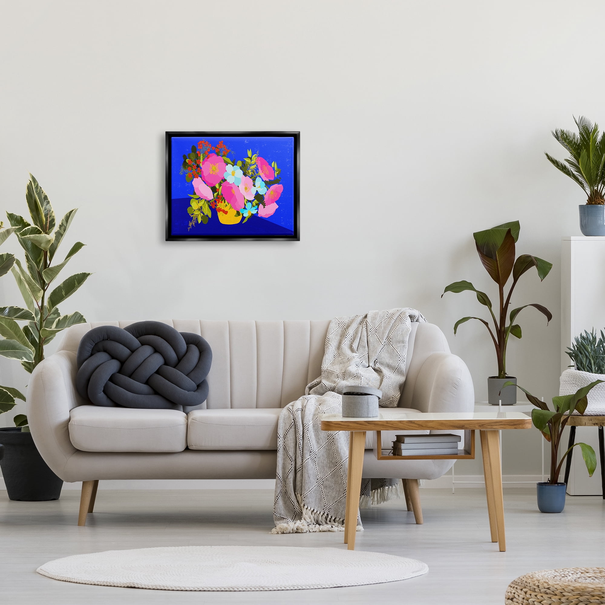 Stupell Industries Vivid Pink & Blue Bouquet Botanical & Floral Painting Black Floater Framed Canvas Art Print Wall Art, 21 x 17