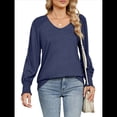 thumbnail image 3 of Camisas Casuales Holgadas de Larga para Mujer, Blusas Fruncidas con Cuello en V, Blusas de Moda. Azul Marino M, 3 of 10
