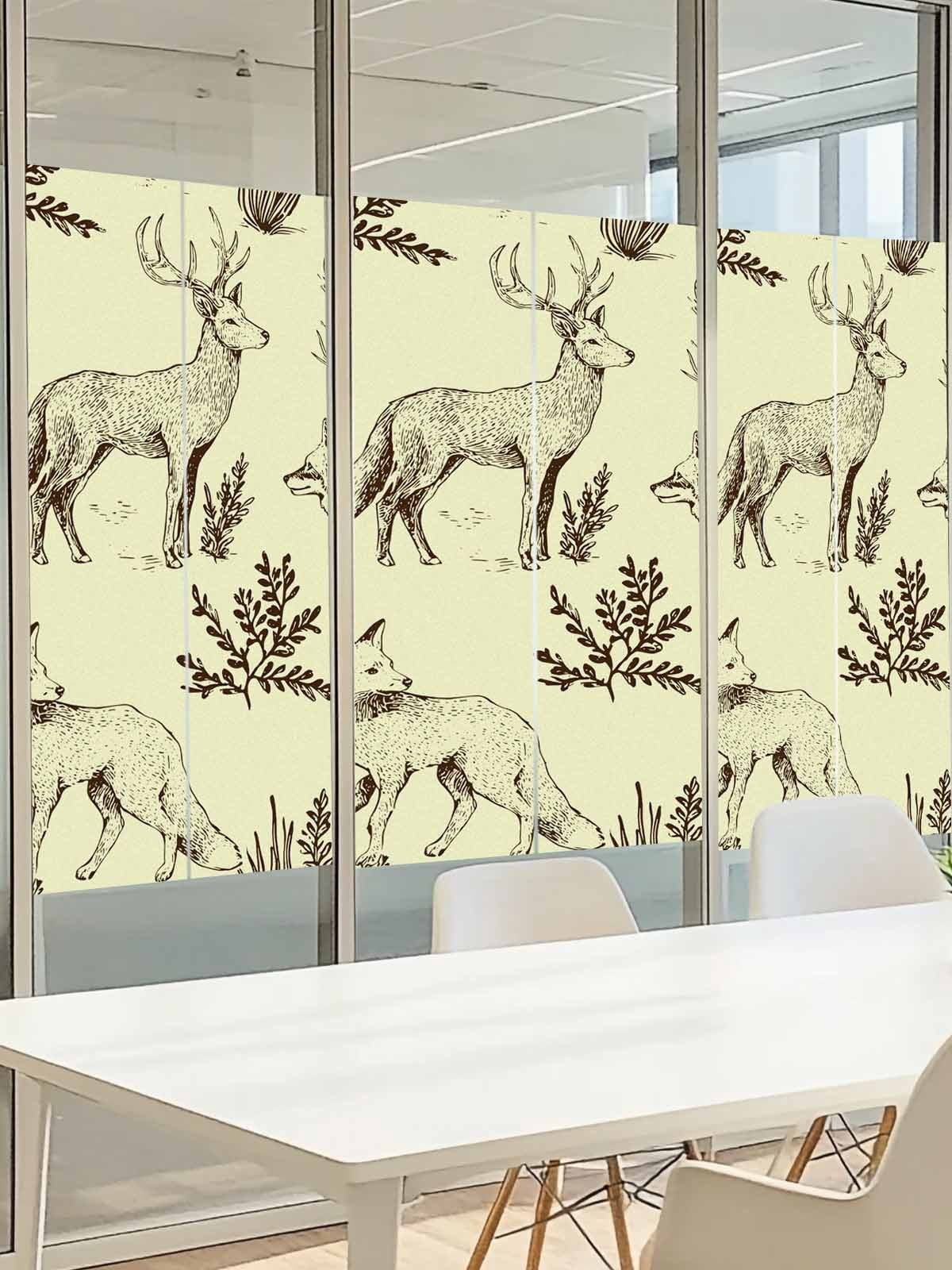 Forest Animal Window Privacy Film, Line Drawing Deer Fox Cool Wolf Spring Weed Casual Frosted Glass Window Clings Static Cling UV Heat Blocking Reusable Door Sticker for Bathroom 23.6 x 59 Inch