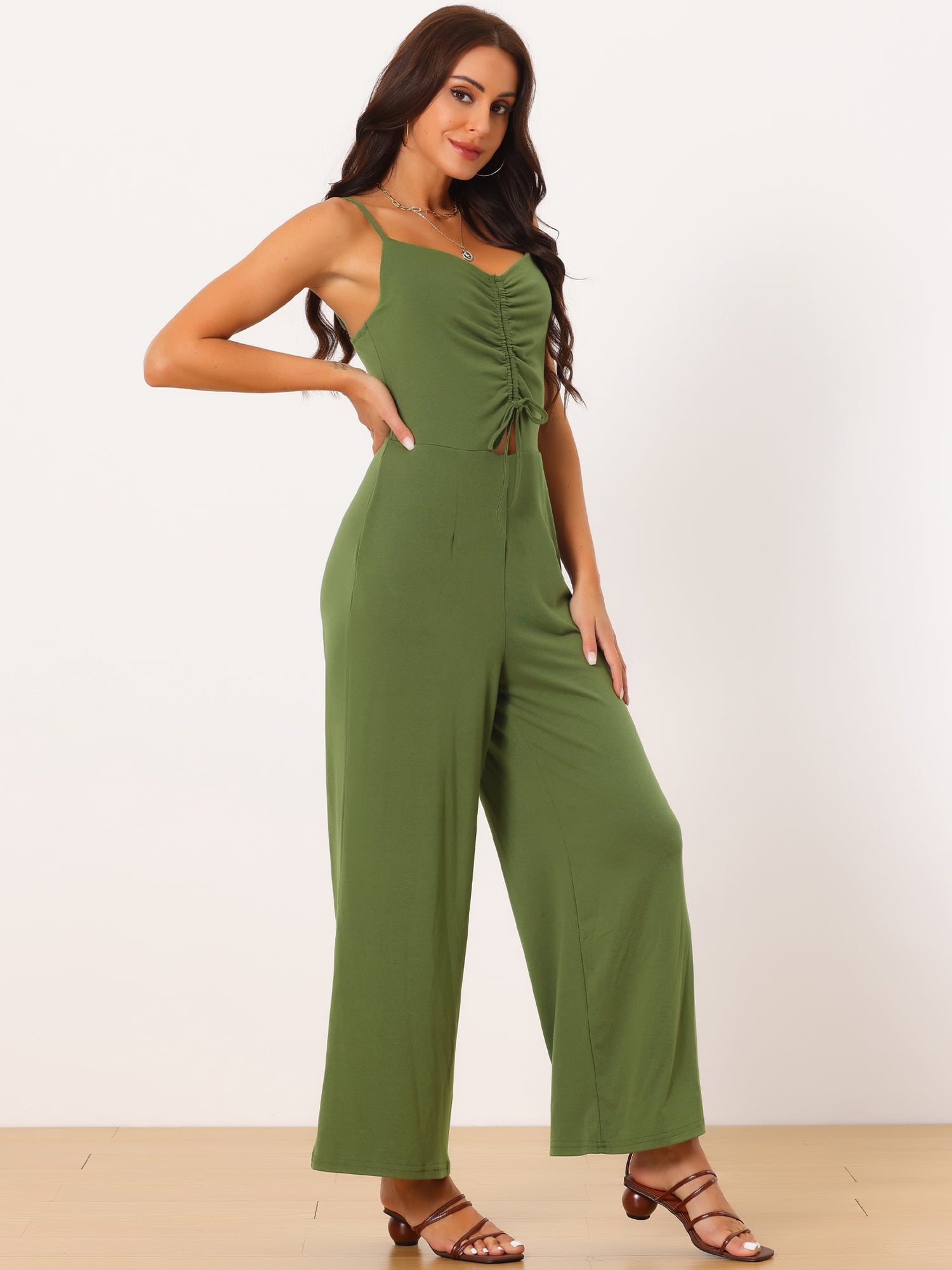 DARING DIVA Women's V Neck Ruched Drawstring Sleeveless Wide Leg Jumpsuits XL Army Green