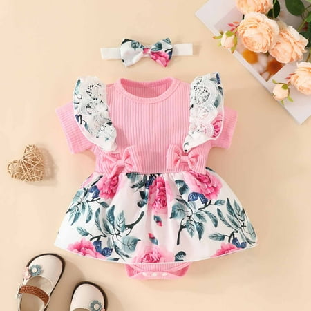 

Lilgiuy Girl s Summer Short Sets Cute Clothes 3 Piece Outfit Short Sleeve Skirt Lace Bow Tie Dress Romper Hair Band Set