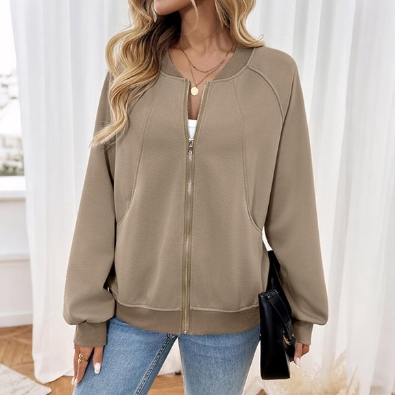 AnuYalue Womens Zip Up Jackets Casual Loose Coat Long Sleeve Solid Color Outwear Jacket with Pockets