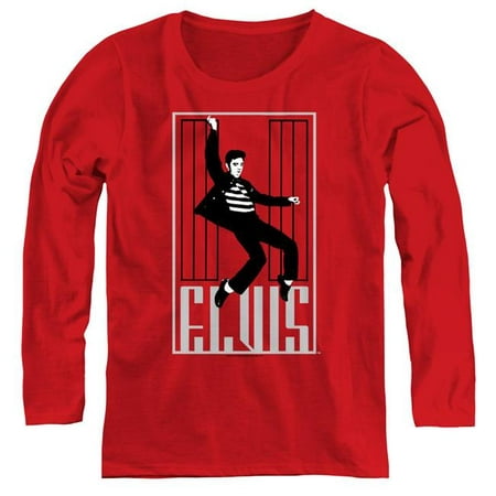 Trevco Sportswear ELV132-WL-2 Womens Elvis Presley & One Jailhouse Long Sleeve T-Shirt, Red -
