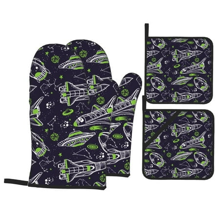 

Oven Mitts and Pot Holders 4 pcs Set green Space Pattern white Heat Resistant Pot Holders Oven Mitts for kitchen Non-Slip Hanging Loop Oven Glove Potholders for Baking Cooking