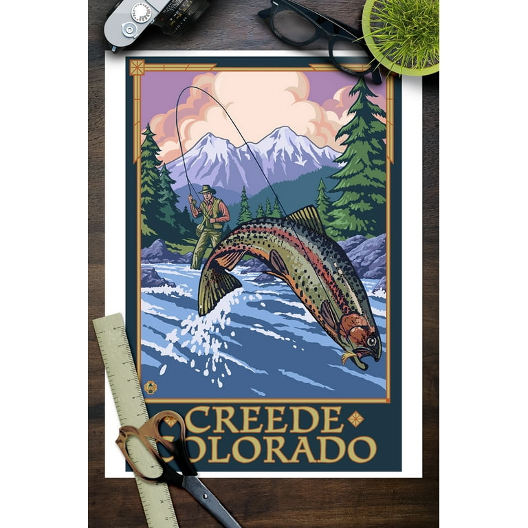 Creede, Colorado, Angler Fly Fishing Scene (Leaping Trout) (9x12 Wall Art  Print, Home Decor) 
