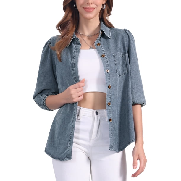 Camisa de mezclilla INSPIRE CHIC para mujer con mangas abullonadas 3/4, cuello y botones, en color gris azul
