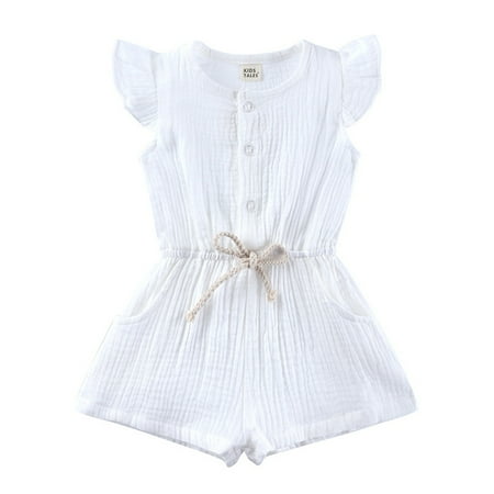 

Summer 1 Piece Outfit Baby Girls Button Up Cotton Linen Romper Jumpsuit Fly Sleeve Solid Playsuit Clothes Romper Jumpsuit Baby Girl