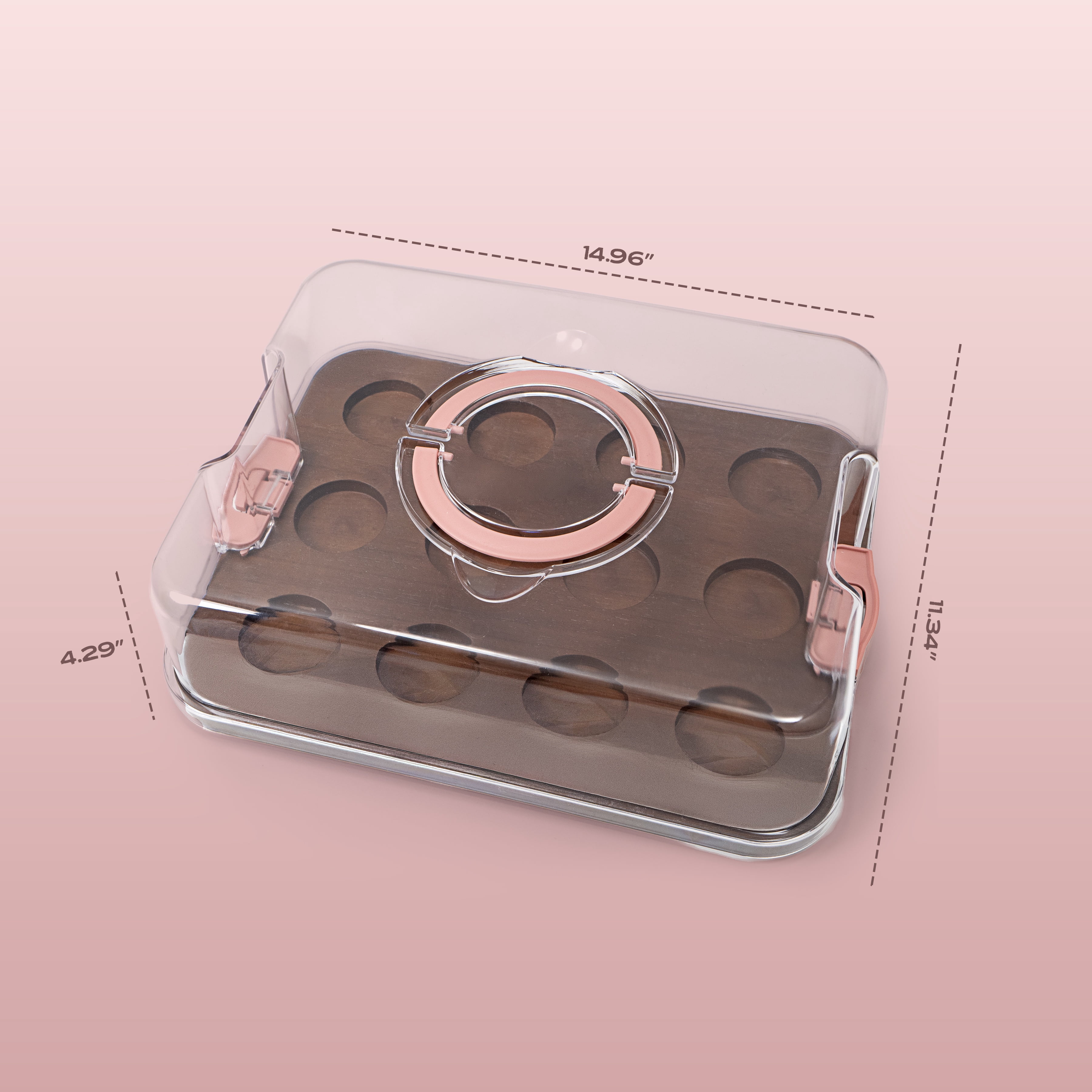 Cook with Color 12-Cupcake Reversible Dark Walnut Wood Rectangular Cake Carrier with Clear Locking Lid